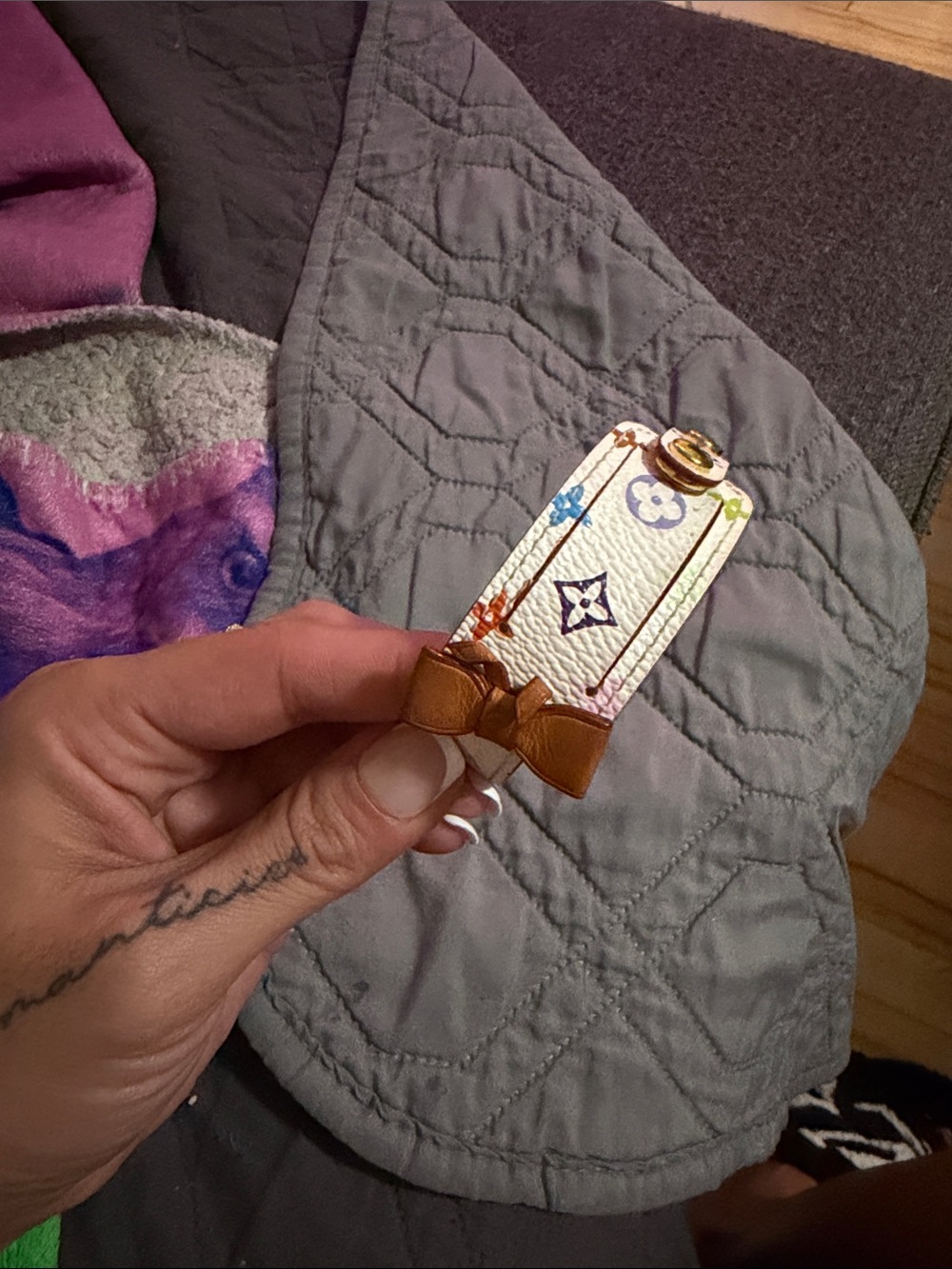 Louis Vuitton White Multicolor Monogram Key Holder with Tan Bow